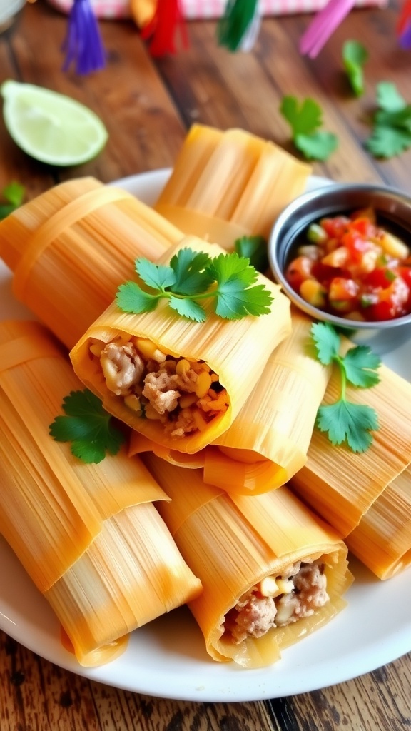 A colorful plate of pork tamales wrapped in corn husks with salsa and cilantro, set on a rustic table.